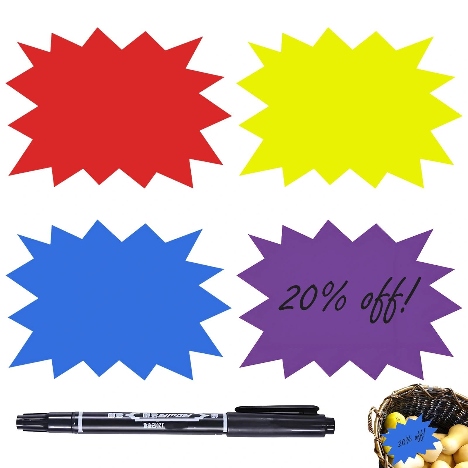 200 Pcs Fluorescent Star Sale Signs, 4 Colors Starburst Signs, Price Labels Tags, Display Label for Store, with Black Pen, for Retail Price Tags, Supermarket, Party Favors