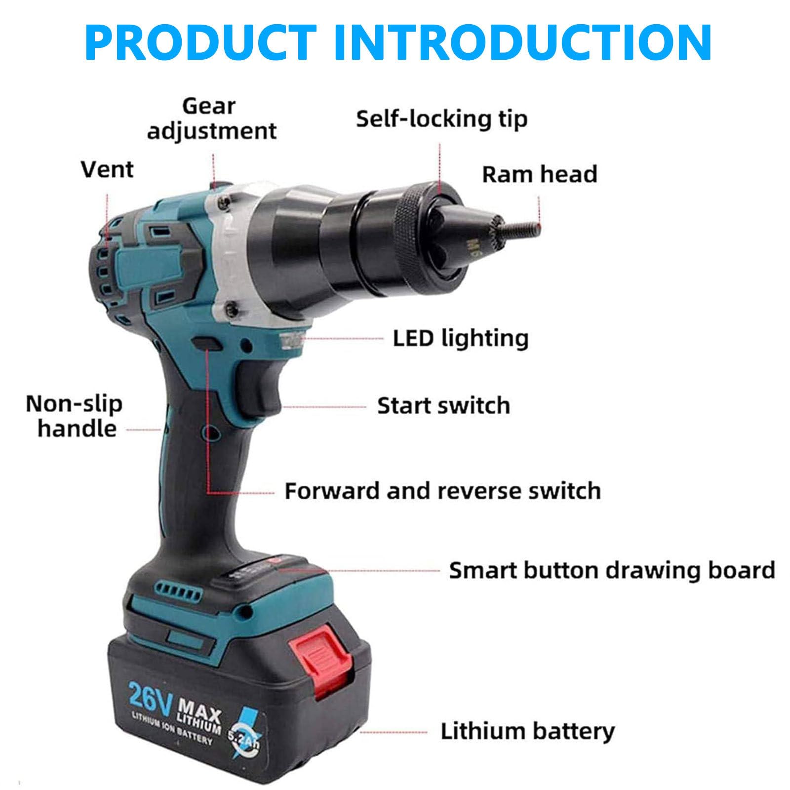 Professionale Rivettatrice Elettrica, Pistola rivettatrice Senza spazzole 5200mA | con luce LED, per Dadi M3/M4/M5/M6/M8/M10/M12,per Rivetti, Inserti Filettati,Rivettatrice a batteria