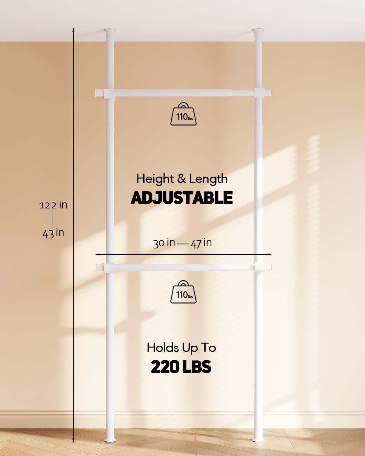 Floor to Ceiling Clothes Rack, Heavy-Duty Telescopic Garment Rack, 43–122in Height & 30–47in Width, 220lbs Total Load Capacity, 2-Pole, White