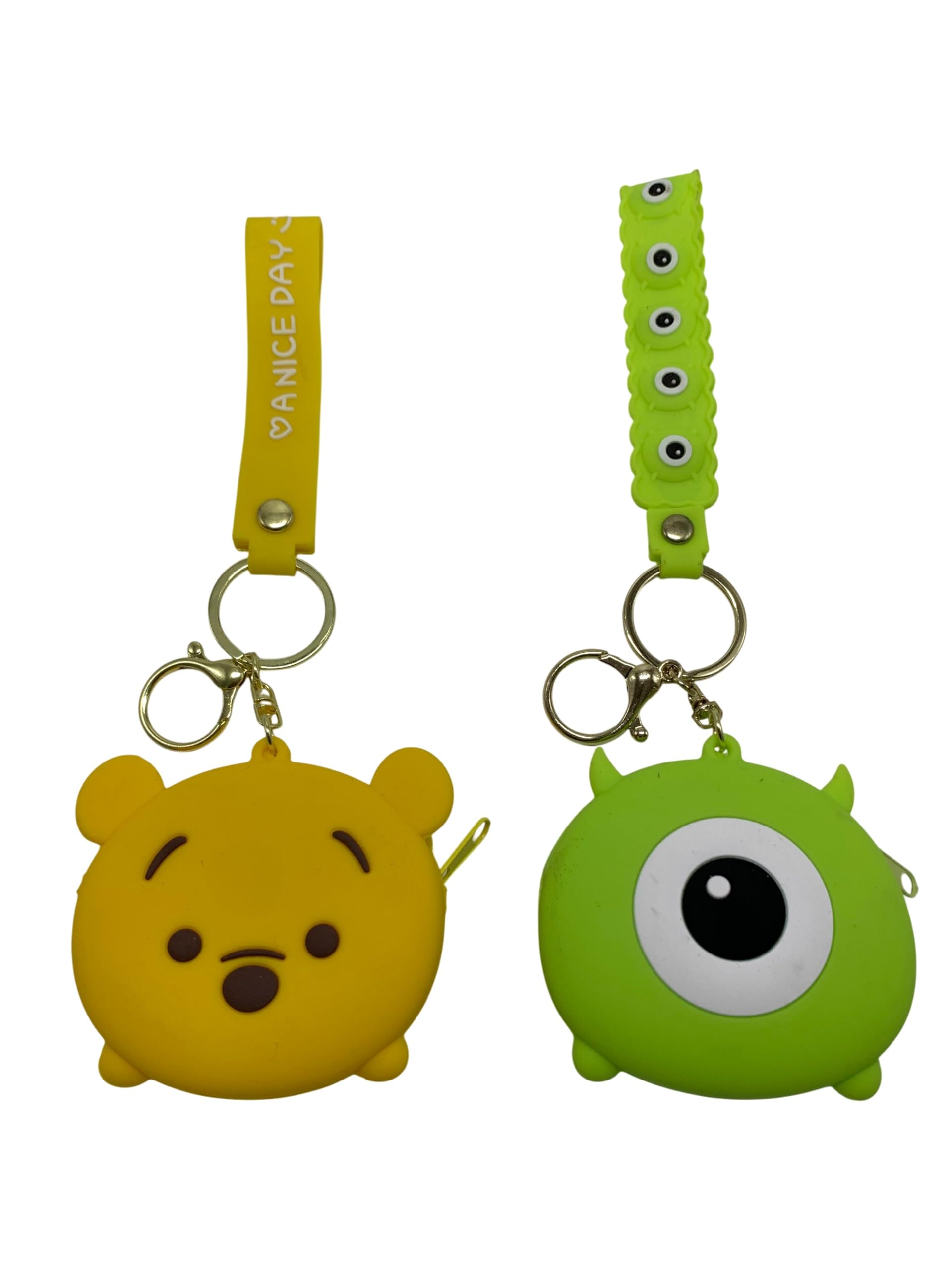 Bag in Cute Silicone Coin Purse Keychain, Cartoon Animal Mini Zipper Wallet, Soft Rubber Key Ring Pouch (Yellow Bear & Green Eye)
