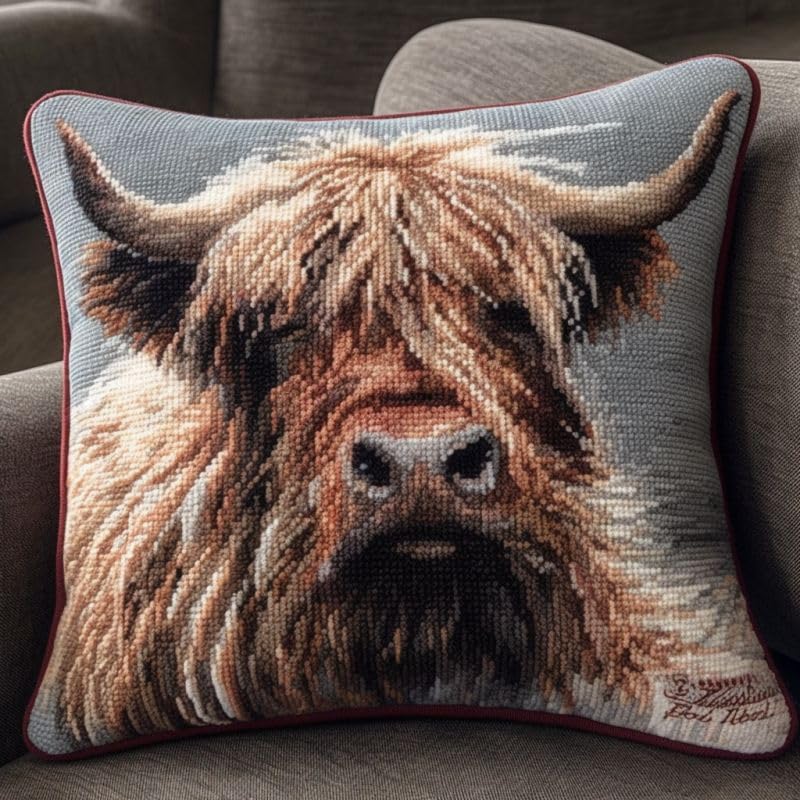 Image of Highland Cow Latch Hook Pillow Cover Kits for DIY Handmade Throw Pillow Cross Stitch Latch Hook Pillowcase Rug Kits with Preprinted Canvas Crochet Yarn Kits Needlework Crafts 17'' X 17''(a40)