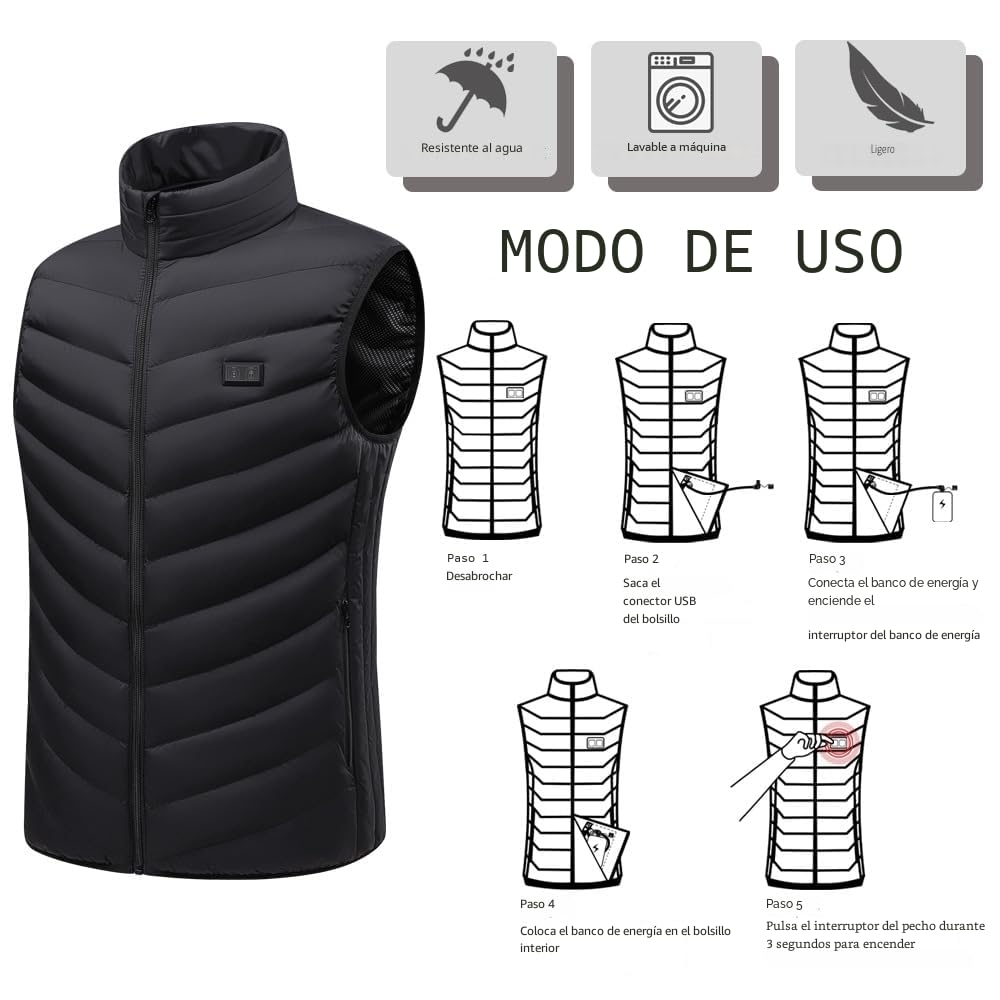Monave Chaleco calefactable Mujer,Chaqueta Calefactable con 9 Elementos de Calefacción de Fibra de Carbono 3 Niveles de Temperatura Control de Doble Botón Negro