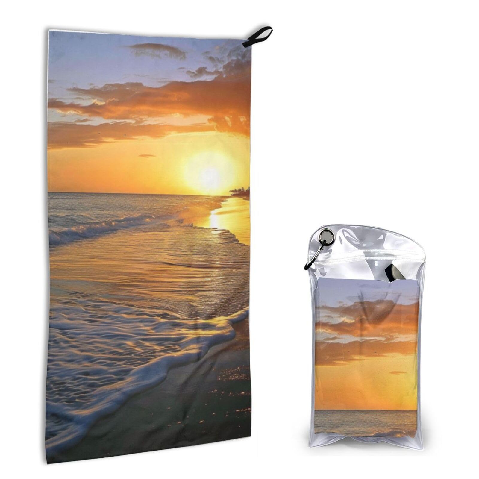 BWWHCCTI Quick Dry Hand Towel With Bag - beach with sunset Printed Super Absorbent Face Cloth Microfiber Travel Sports Towels 40x80cm