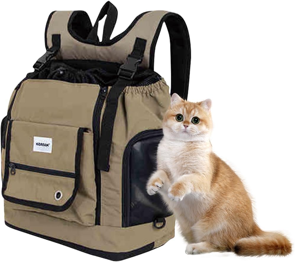 Dog Backpack, Airline Approved Cat Backpacks with Inner Safety Leash, Super Ventilated Design, Pet Backpack for Travel, Hiking, Camping(Brown)