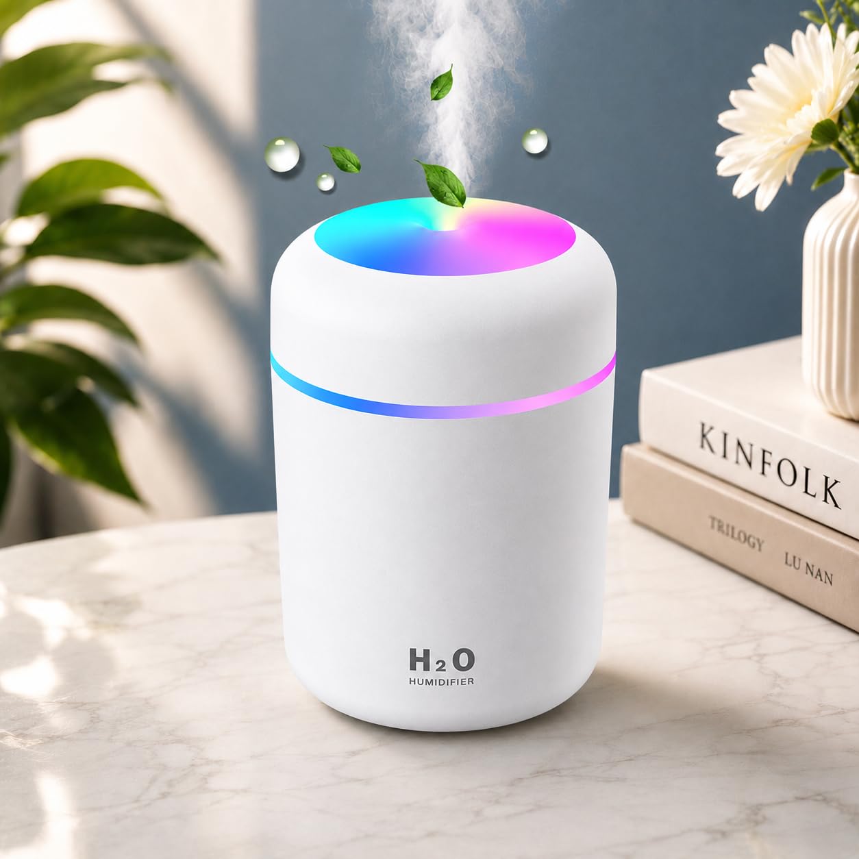 Portable H2O Humidifier – 300ML Ultrasonic Cool Mist Diffuser with Colorful LED Atmosphere Lighting, Quiet Desktop Air Humidifier for Car, Home, and Office(WHITE)-image-6