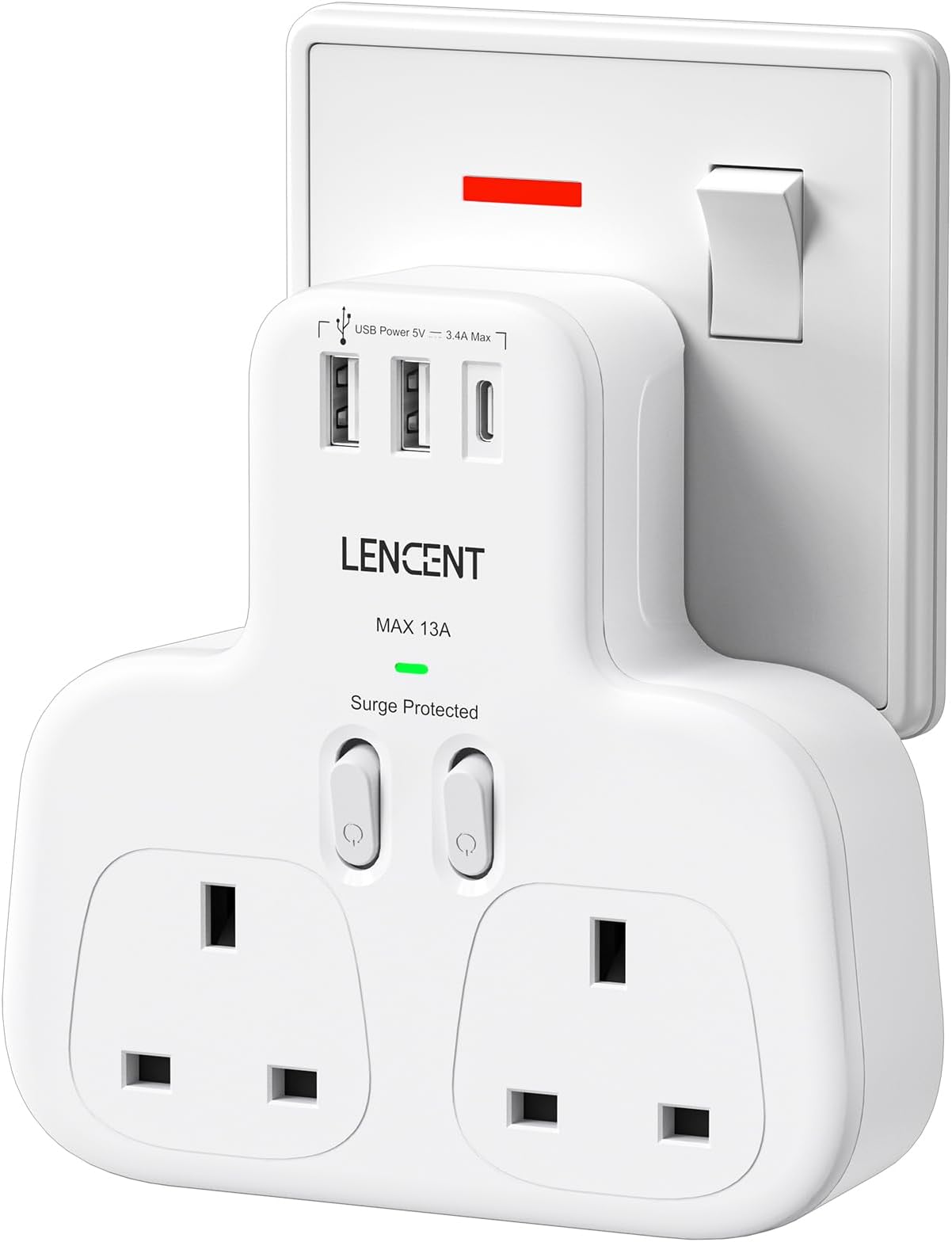LENCENT Double Plug Adaptor with 1 USB C and 2 USB Ports, Surge Protected Multi Plug Extension Socket, 2 Way Wall Plug Extender for Household Appliances, iPhone, Smartphones, Tablets, 13A 3250W