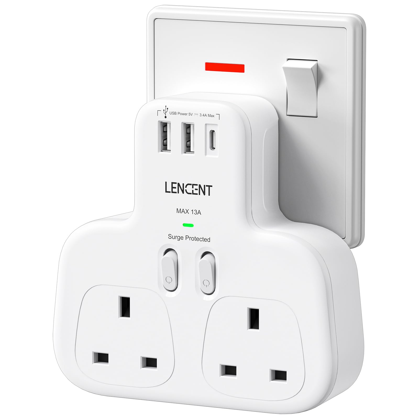 LENCENT Double Plug Adaptor with 1 USB C and 2 USB Ports, 2 Way Wall Plug Extender, Multi Socket Extension Surge Protected for Household Appliances, iPhone, Smartphones, Tablets, 13A 3250WLENCENT Double Plug Adaptor with 1 USB C and…