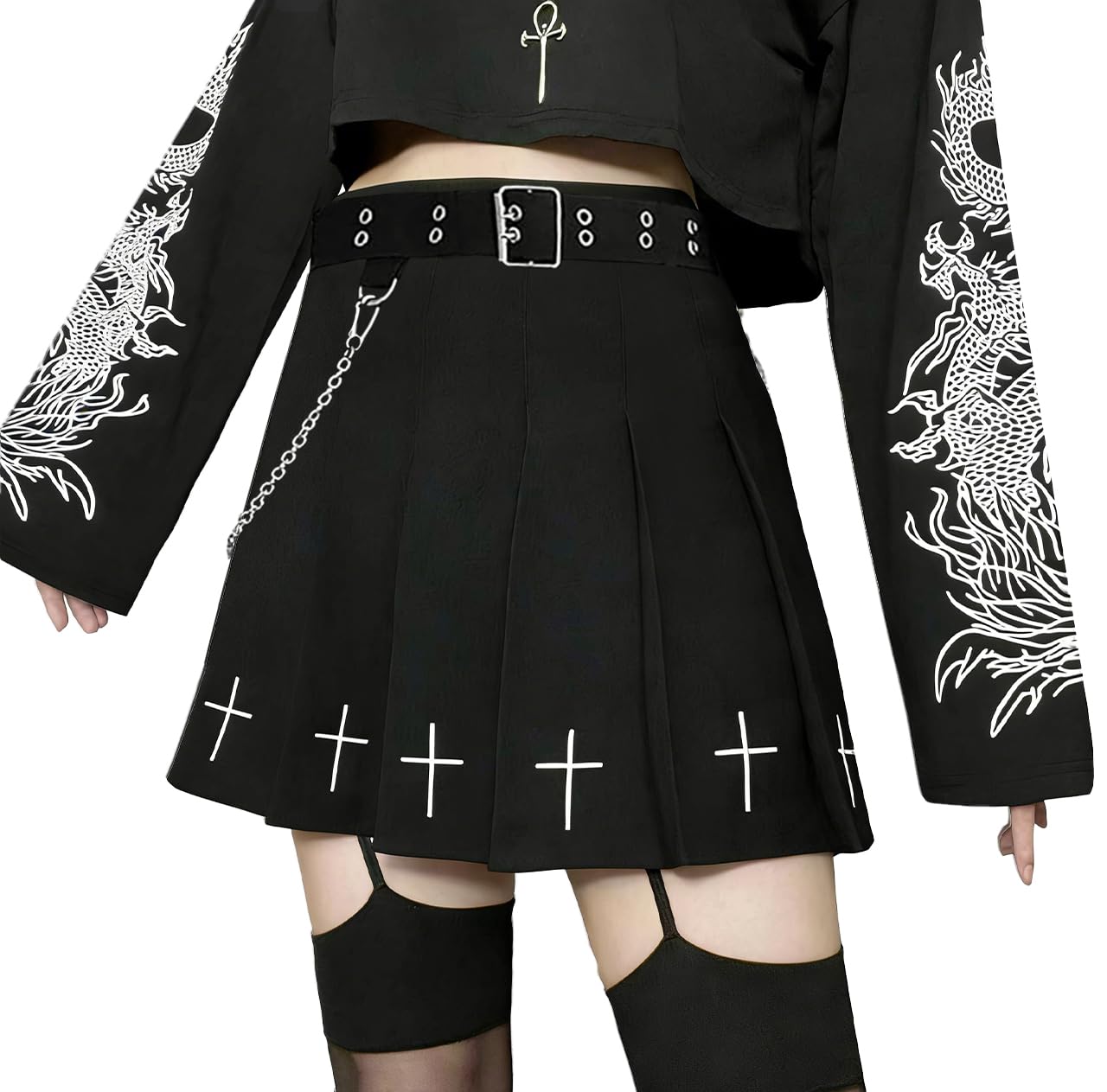 AULKEEP Womens Black Mini Pleated Skirts Goth High Waist A Line Punk Skirt School Uniform Short Skirts with Belt: XX-Large Cloth Belt Black