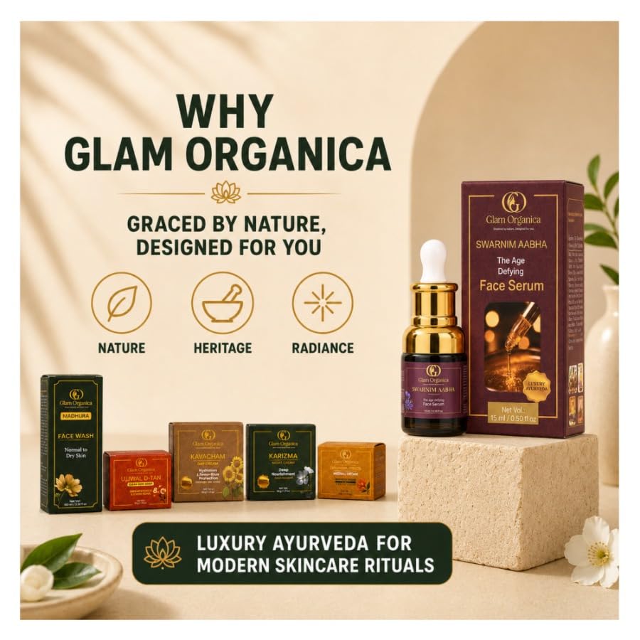 Image of Swarnim Aabha Age-Defying Face Serum, 15 ml | Enriched with Kumkumadi, Almond, Jojoba & Grapeseed Oil | Lightweight Radiance & Nourishing Facial Serum