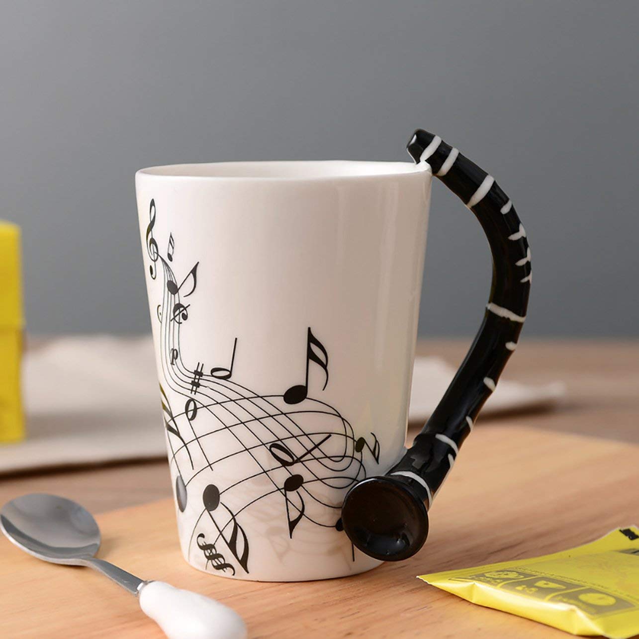 Hand-Painted Ceramic Cups Creative Notes MUSical Cups MUSic Mugs Coffee Cup Gifts MUSical Instruments(Black Single Spring)