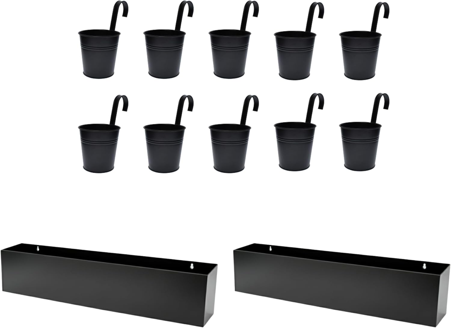 LaLaGreen Bundle- 10 Pack, 4 Inch Black Metal Pot + 2 Pack, 30 Inch Rectangular Wall Planter Carbon Steel Hanging Floating Long Flower Succulents Shelf Outdoor Porch Rail Fence Deck Boxes Modern Decor