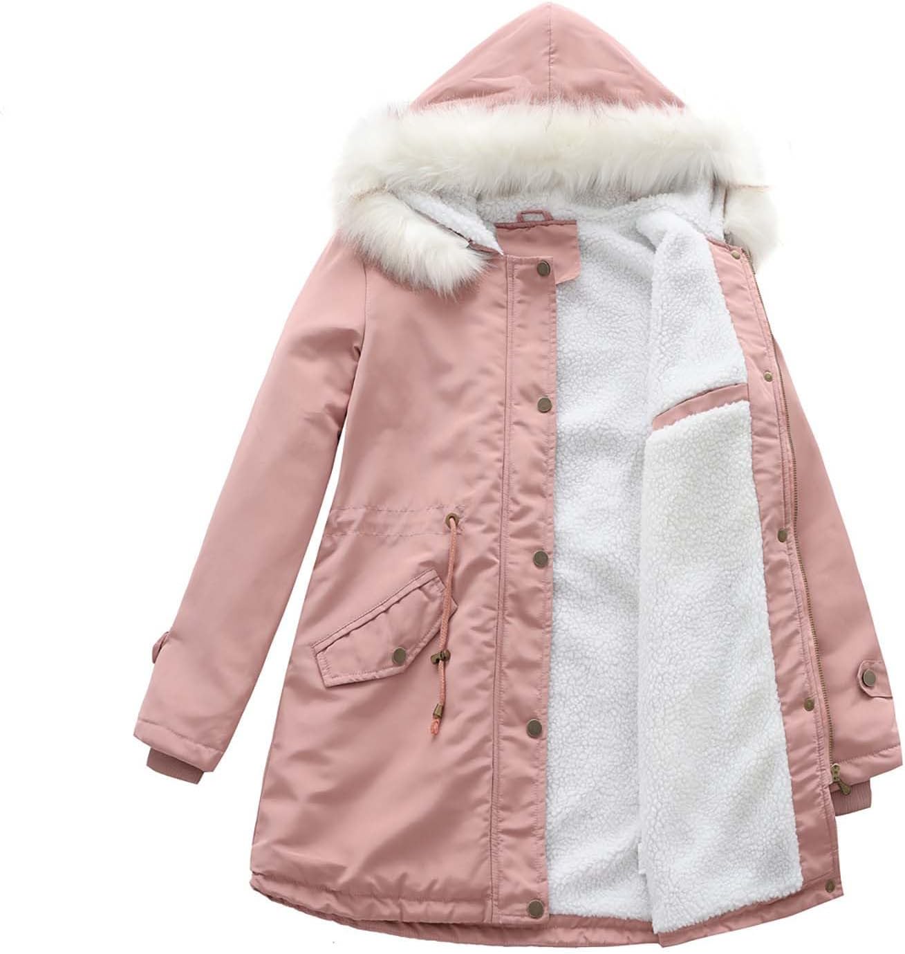 Firzero Womens Warm Winter Coats Casual Faux Wool Lined Jacket Puffer Parka Hooded Jackets Mid Length Padded Down Snow Coats