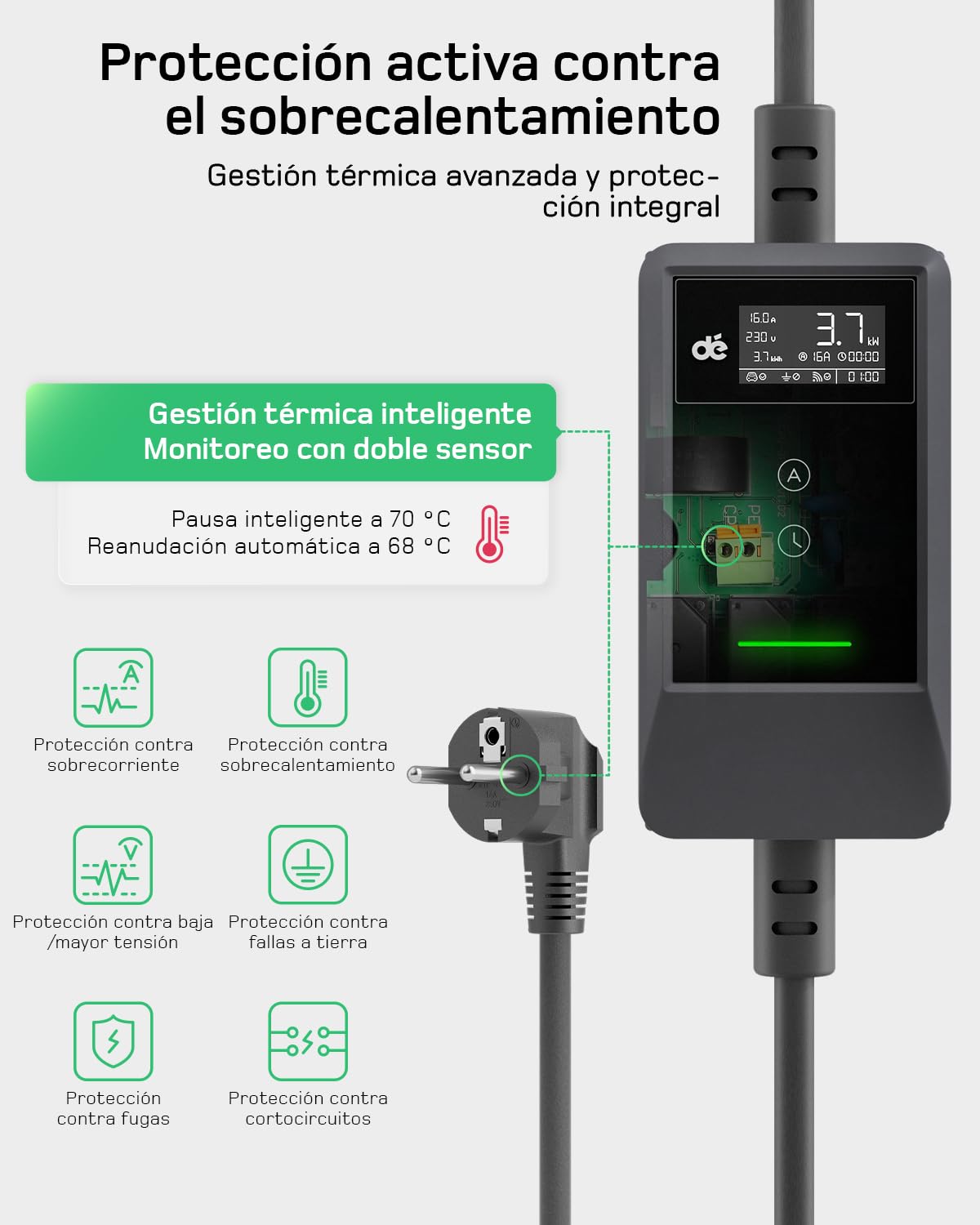 dé Cargador Coche Electrico App 3,7kW [7m, Monofásico, 6-16A] Cargador Carro Electrico con Potencia Ajustable a Distancia, para Model Y/3, Dolphin Surf, EV3, Avenger y Otros vehículos BEV/PHEV