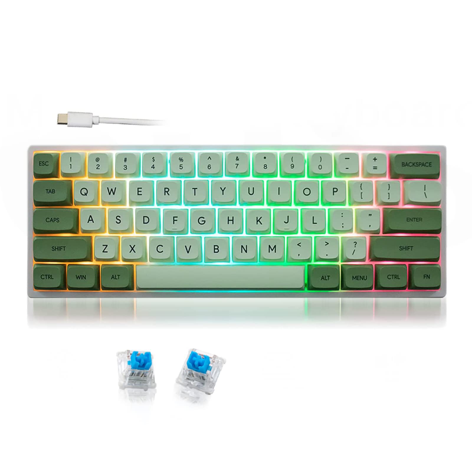 SUEHIODHYWired 60% Keyboard Hot Swappable Mechanical Gaming Keyboard Mini 60 Percent Matcha Keyboard with PBT XDA Keycaps for Win/Mac PC Laptop(Custom Cute Keyboard/61 Keys Blue Switch)