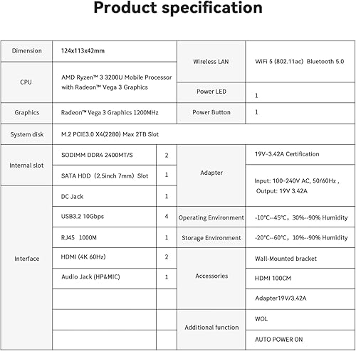 Miniatura 5 de Beelink SER3 Mini PC con AMD Ryzen 3 3200U, 16 GB DDR4 500 GB NVMe M.2 SSD, PC pequeña compatible con doble salida HDMI, WiFi5, BT5.0, LAN de 1000
