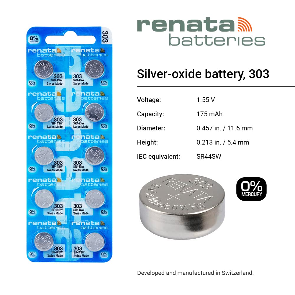 Renata 303 sola batería de reloj de óxido de plata fabricado en Suiza 1,5 V (10 pilas, 303 o SR44SW)