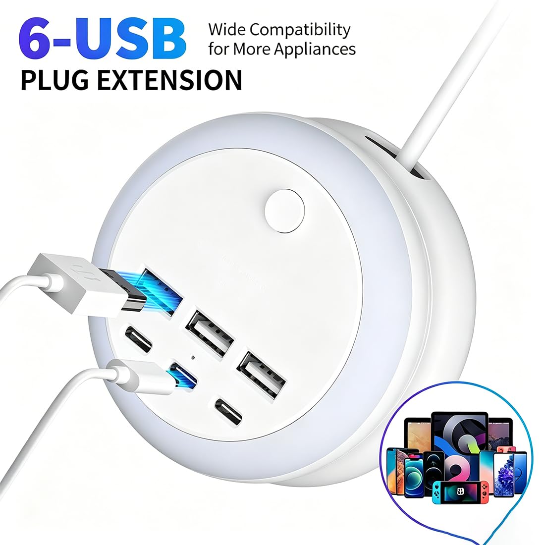Ultimate 7-in-1 Versenkbare USB Ladestation mit 8-Farben Stimmungslicht, 3 USB + 3 Type-C Steckdosen-Erweiterung, Tragbarer Power Hub für iPhone, Android, iPad & Switch, Reise-Essentials (Black)