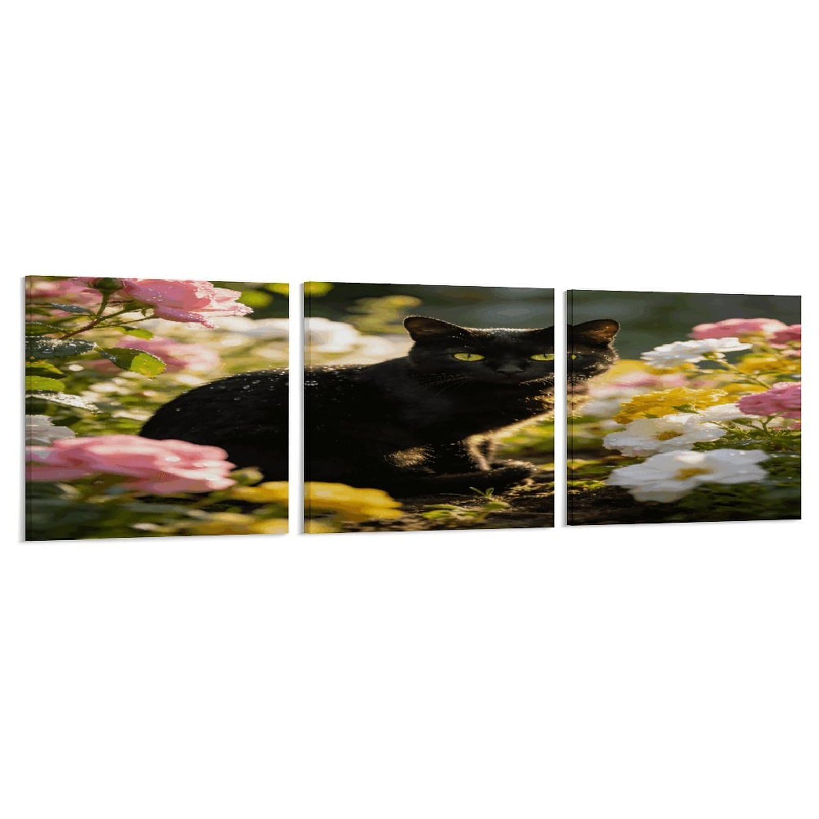 Khauerbc Style Set Of 3 Black Cat In Flower Garden Wall Art，Paintings Artwork For Living Room, Hallway, Bedroom, Office Wall Decor For Living Room, Hallway, Bedroom, Office Paintings Artwork 8X8 Inch