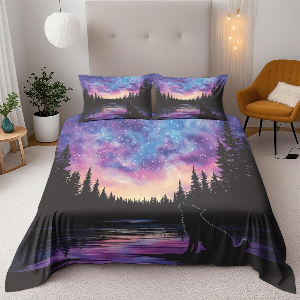 Starry Sky And Wolf Shadow Single Duvet Cover Set 135X200Cm 3D Printed Bedding Set 3 Pieces Soft Microfiber Polyester Quilt Cover With 2 Pillowcases Zipper Closure Design For Kids Teens Adults