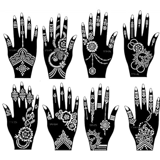 Plantillas para tatuajes de henna, 8 unidades, set de manos Mahal
