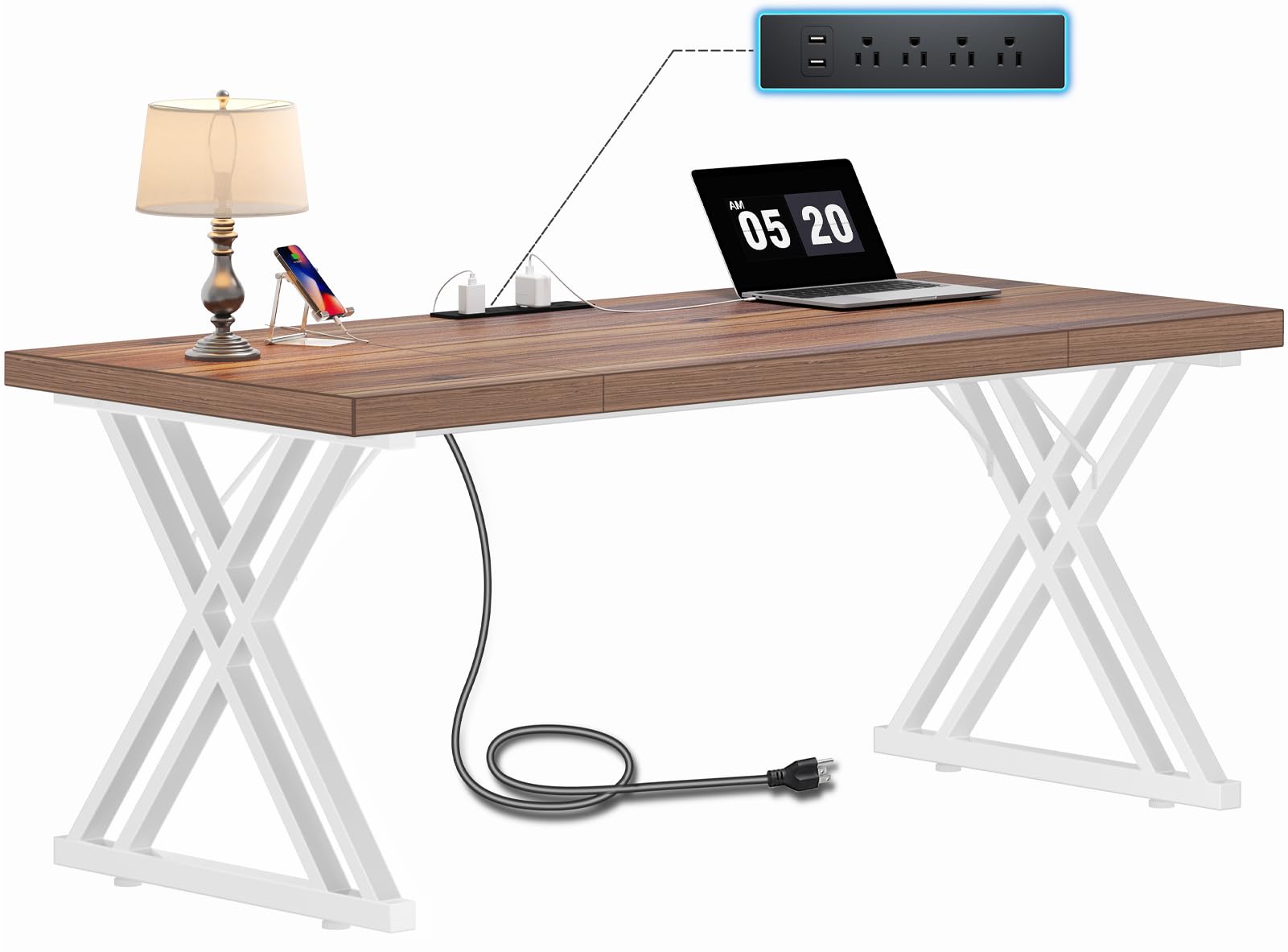 Executive Desk 63", Large Computer Desk with Charging Station, Office Workstation, Modern Simple Style Study Writing Table, Business Furniture for Home Office