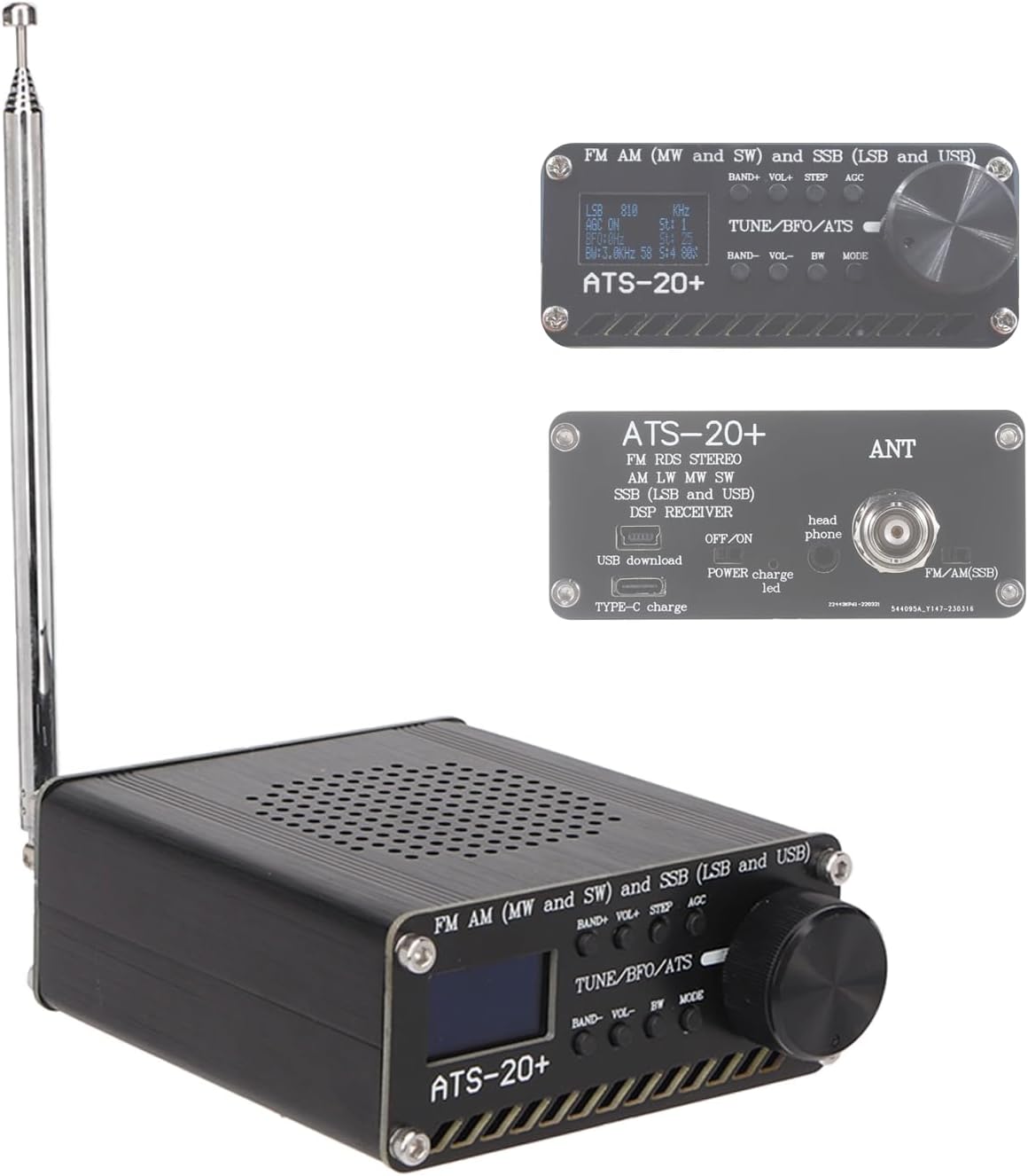 ATS 20 Plus Radio Receiver, Si4732 Portable Small Full Band Radio Receiver FM AM MW SW and SSB LSB USB, 1.5W Speaker, Antenna and Aluminum Alloy Case