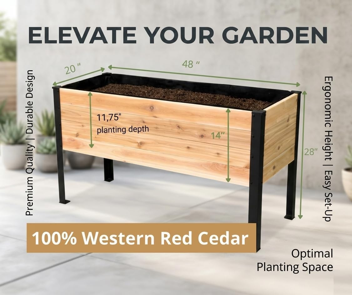 Western Red Cedar Planter Raised Garden Bed Planter Box - 48x20x28 inch with Powder-Coated Steel Legs - Ideal for Vegetables, Herbs, and Flowers, Elevated, Core Series