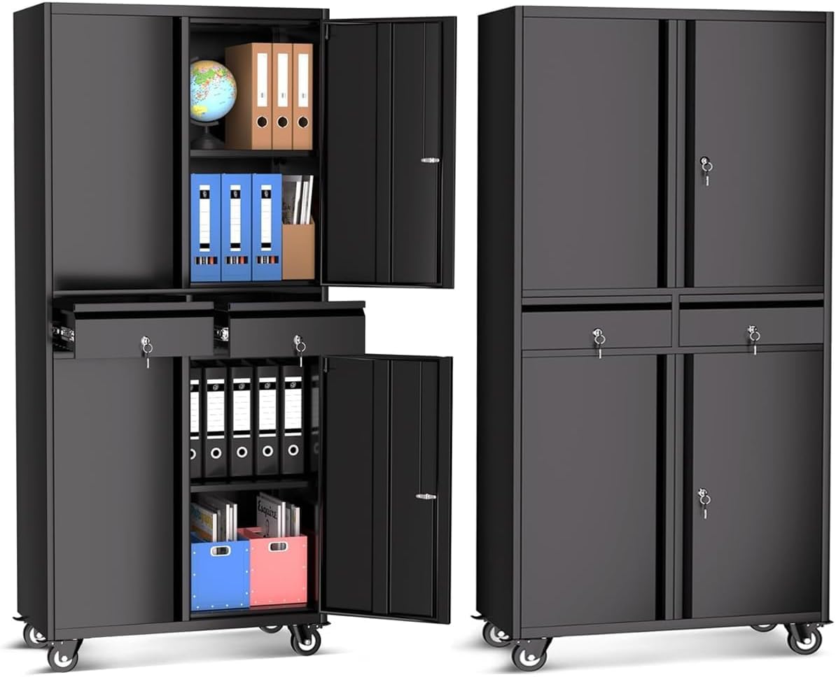 Adjustable Storage Cabinet, Heavy Duty Rolling Tool Chest with 2 Drawers and 4 Doors, Garage Cabinets, Cold‑Rolled Steel, 0.6MM Thickness, 70.9×30.0×15.0 Inch, Black