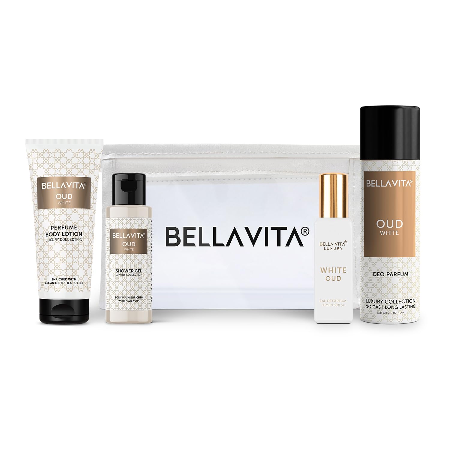 Bella Vita Luxury OUD WHITE Travel Mini Kit with Shower Gel 55 ml, EDP Perfume 20 ml, No Gas Deodorant Body Parfum 150 ml & Perfume Body Lotion 50 ml