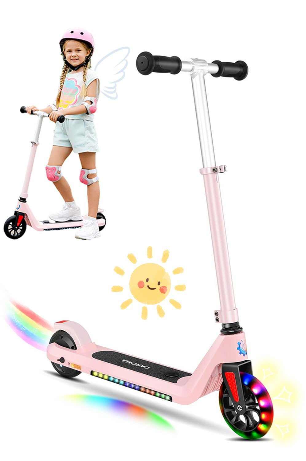 Caroma Electric Scooter for Kids, Adjustable Height & Speed, 150W/180W Kids Electric Scooter For Ages 6-14, Max 10 Mph & 7 Miles, LED Display, Colorful Rainbow Lights, Foldable Scooter for Boy & Girls