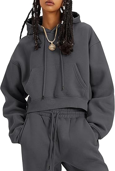 Flygo Womens Fleece 2 Piece Outfits Sweatsuit Crop Pullover Sweatshirt Joggers Pants Tracksuit Set