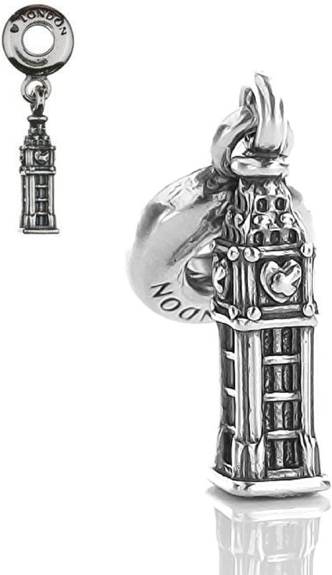 Bolenvi Silver Big Ben Tower London Dangle Pendant Charm - Omni Clasp Clip on 925 Sterling Silver Charms Compatible with Pandora & Similar Bracelets, Necklaces & DIY Jewelry