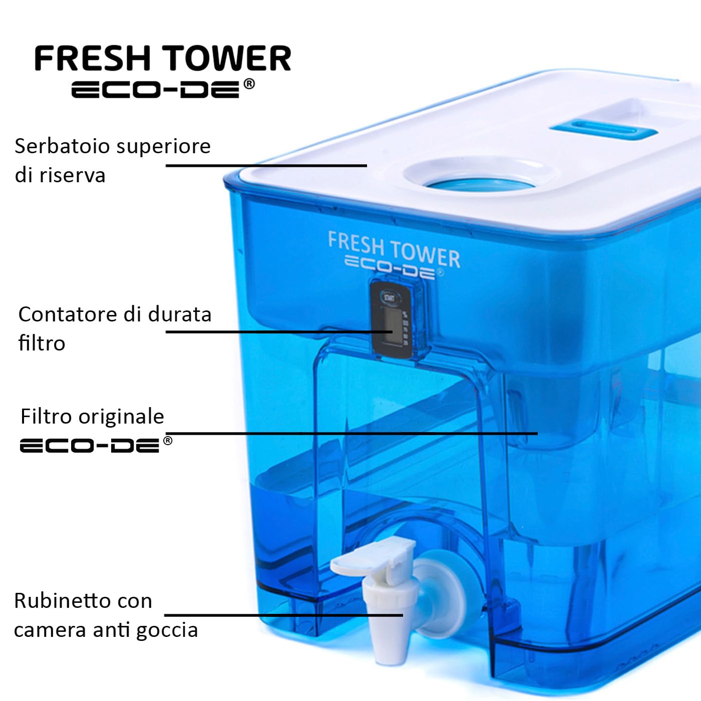ECODE Dispenser Depuratore ed Erogatore Acqua Rubinetto con Filtro Compatibile, Caraffa Filtrante Fresh Water e Grande Serbatoio 9,5 L per Potabilizzare - Adatto al Frigo come Distributore Domestico