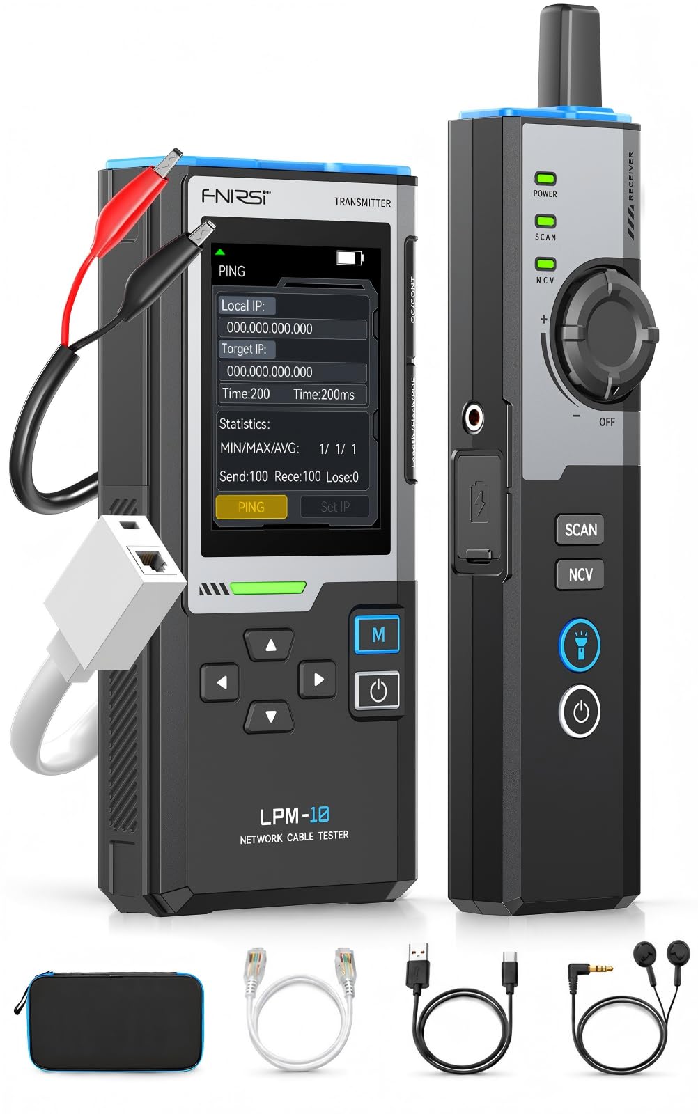 Rechargeable Toner & Probe with Wiremap, PoE, Length & 10/100/1000 Mbps Link Test for Network Installation & Repair FNIRSI LPM-10C Ethernet Tester Kit with IP Scan & PING Test