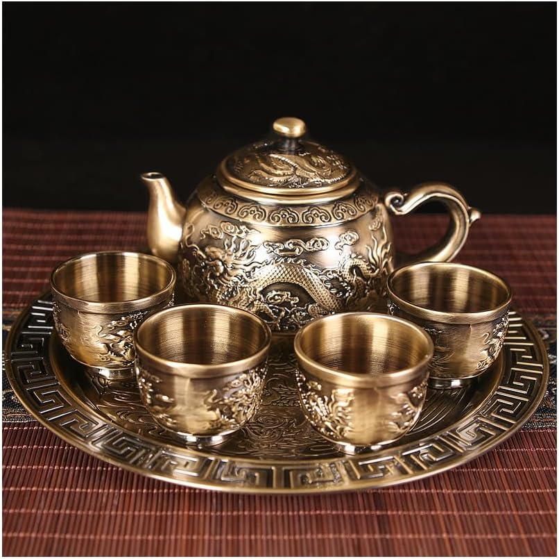 伝統的な龍柄茶器セット 亜铅合金製 ティーポット1個 カップ4個 茶盤付き シルバー 銅色 (銅色)