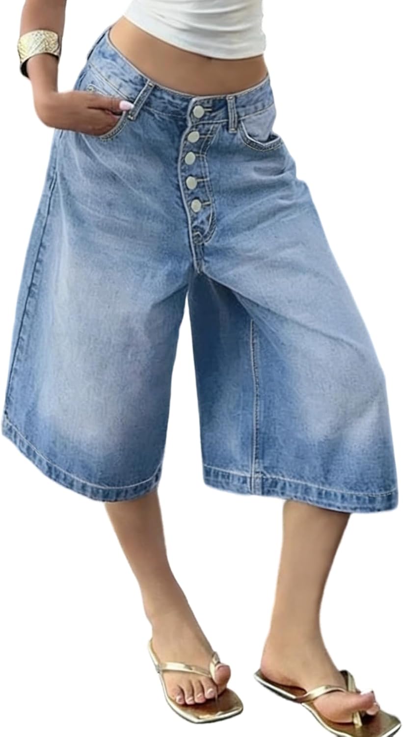 DINGANG Womens Wide Leg Bermuda Jean Shorts High Waisted Baggy Y2K Summer Denim Shorts Jorts Streetwear