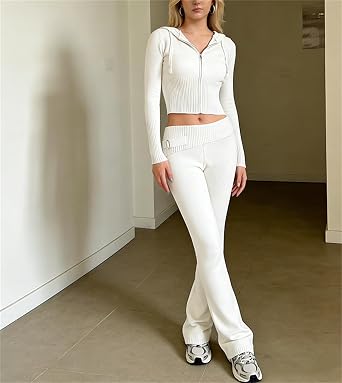 Women's Ribbed Knit 2Pcs Outfits Long Sleeve Zip Up Hooded Sweater Top Flare Skinny Pants Set Y2K Loungewear Set