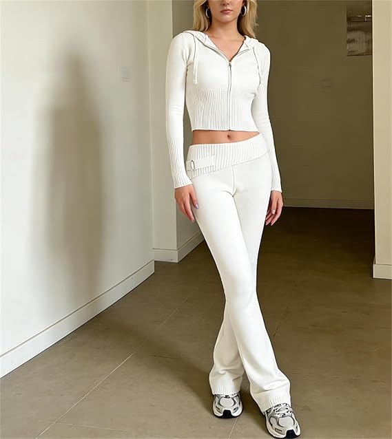 Women's Ribbed Knit 2Pcs Outfits Long Sleeve Zip Up Hooded Sweater Top Flare Skinny Pants Set Y2K Loungewear Set