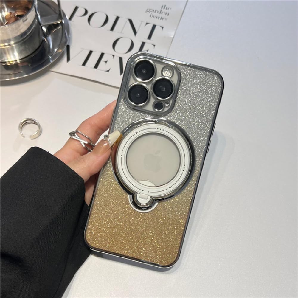 Coque iPhone 14 Pro transparente avec support magnétique pailleté dégradé argent
