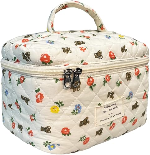 Bolsa de maquillaje de algodón, bolsa grande para cosméticos de viaje, bolsa acolchada para cosméticos, bolsa de aseo floral de coqueta, pequeña