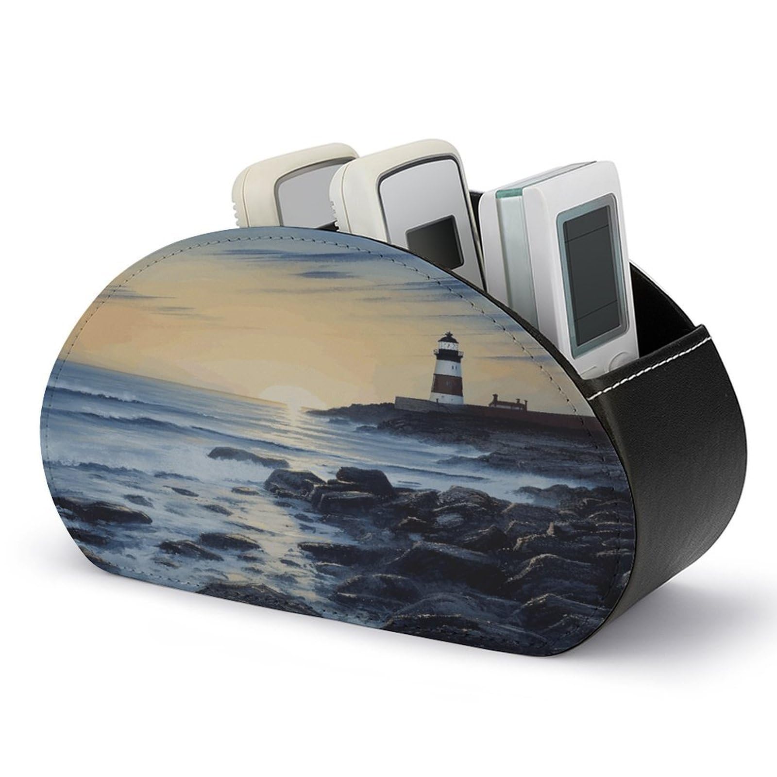 FekiLoot Leather Remote Control Holder with 5 Compartments The Seaside Lighthouse Remote Caddy Desktop Organizer Store TV Remote Holder Remote Organizer for Bedside Table Office Desk
