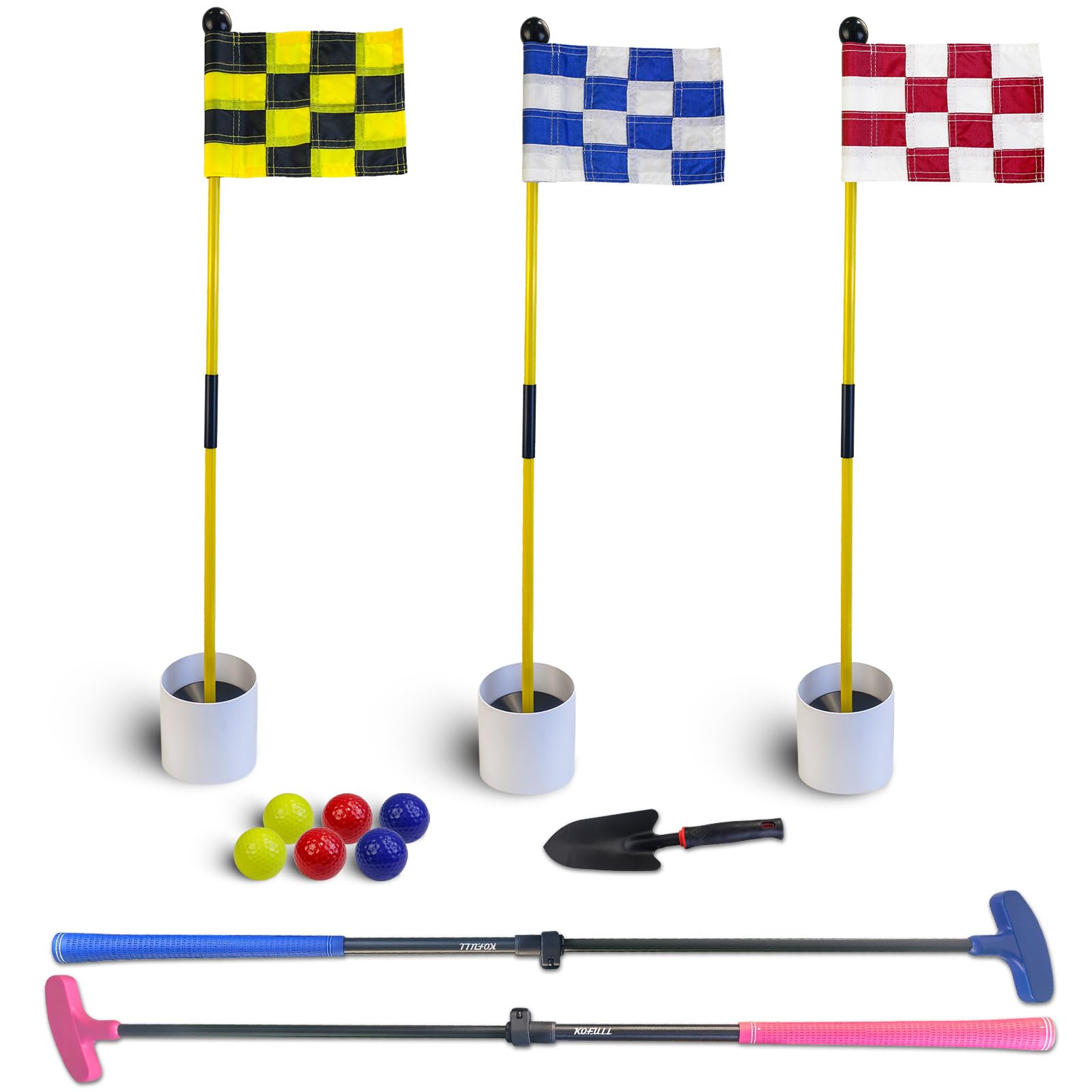 Mini bandera de golf, bandera verde para patio, playa, juego de marea baja, todos 3 pies, juego de tazas con agujero de bandera de golf, 2 putters ajustables, 3 banderas y copas de agujero, 6 pelotas