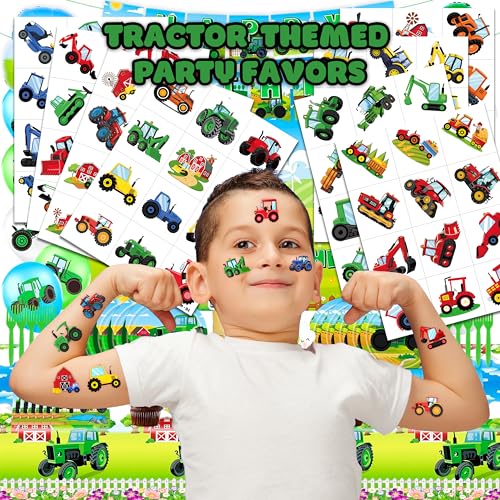 Image of 120 PCS Tractor Farm Farmhouse Pre-Cut Temporary Tattoos for Kids | Super Cute Theme Birthday Party Favors, Supplies, Decorations, Green Red Fake Tattoo Stickers (Multiple)