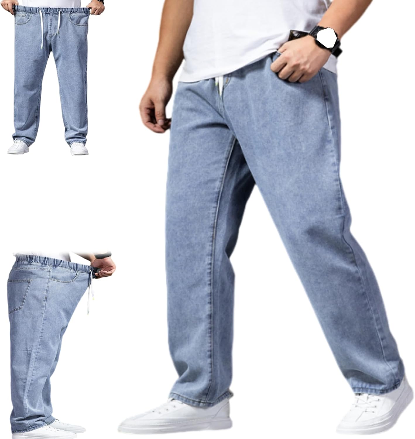 Seniors Mens Pull On Denim Jeans with Elastic Waist, Mens Casual Solid Drawstring Baggy Straight Leg Jean Sweatpants