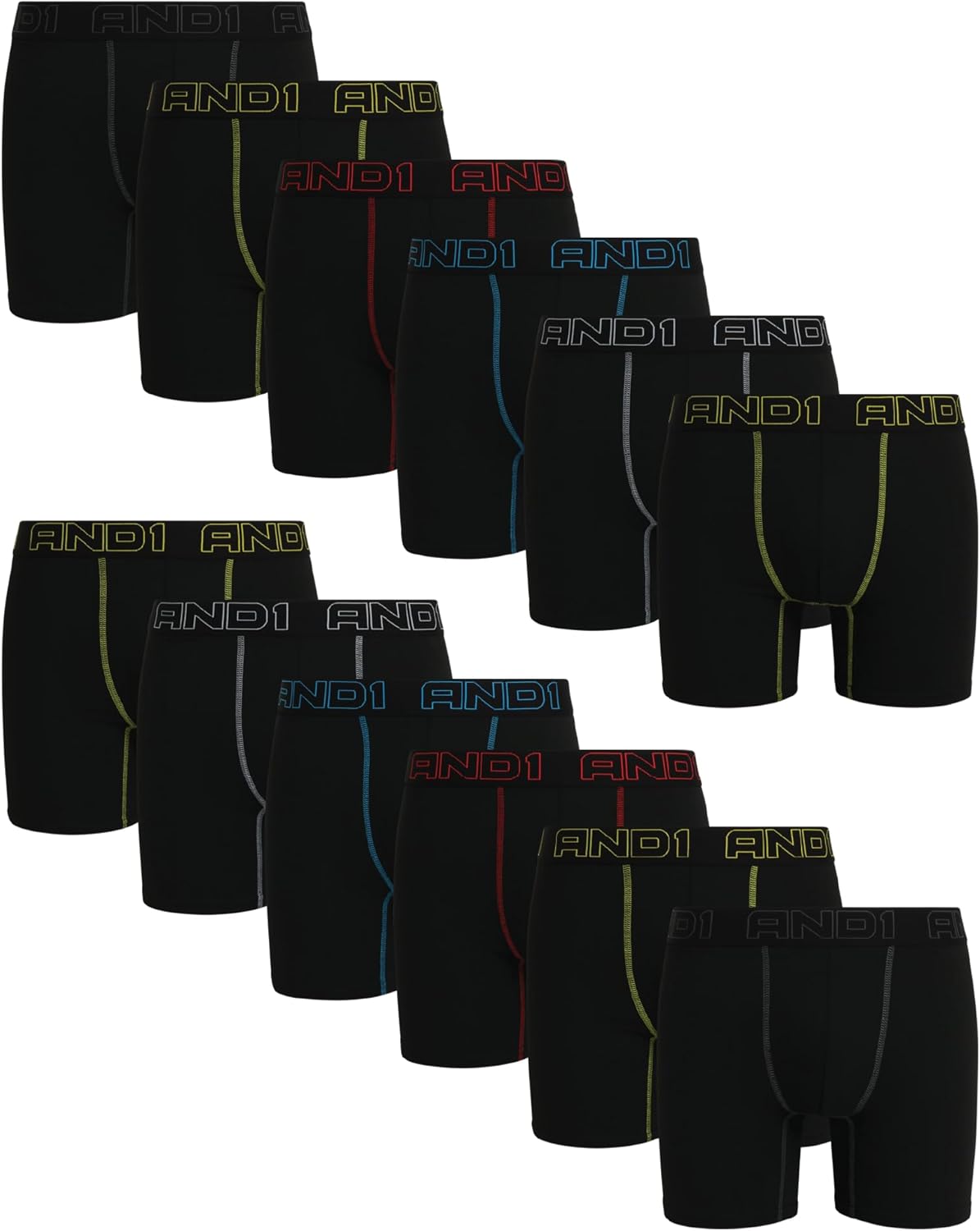 AND1 Mens Boxer Briefs - 12 Pack Sport Soft Performance Compression Underwear Boxers for Men with Contour Pouch, 6" Inseam