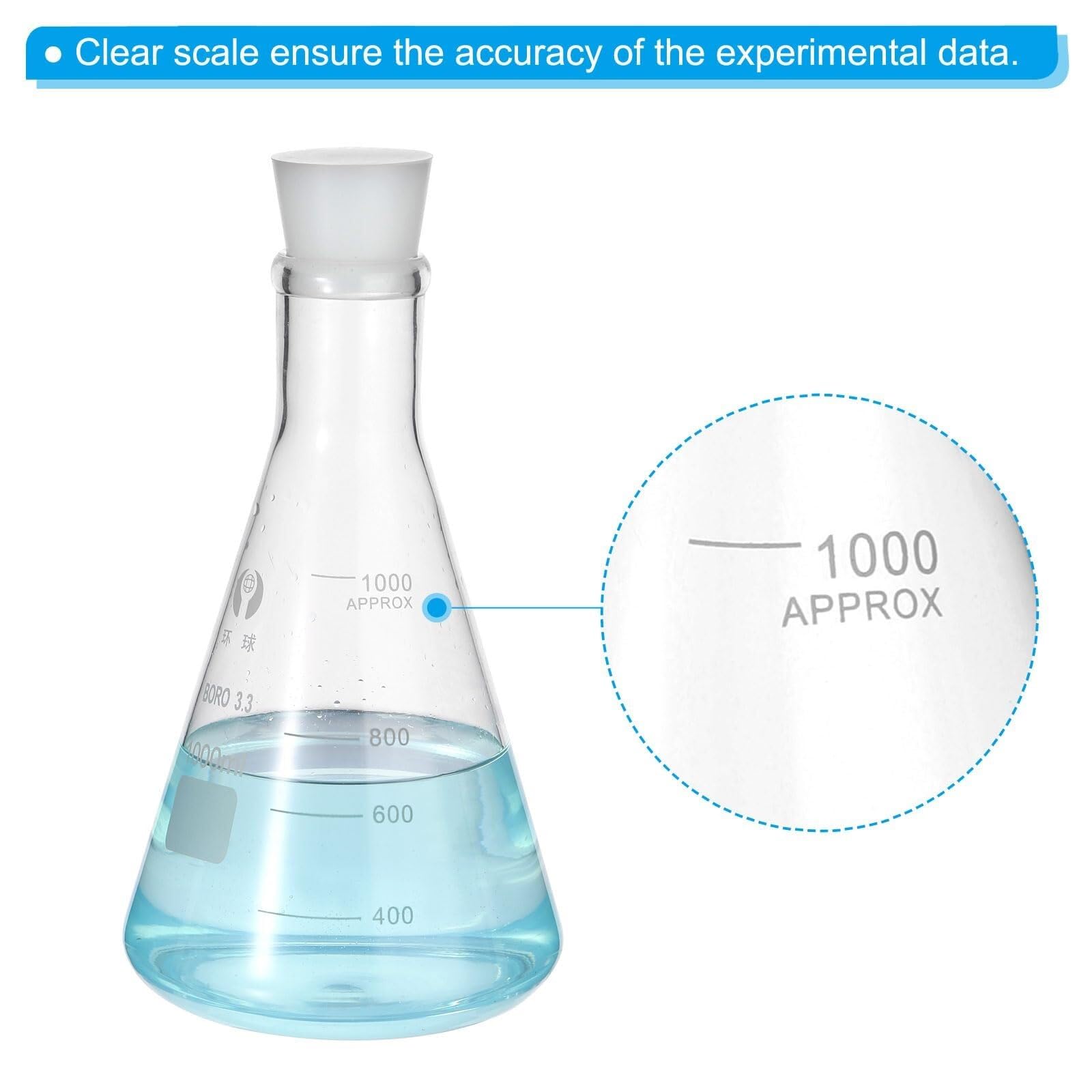 Matraz de Erlenmeyer, 2000ml Cuello Estrecho Vidrio de Borosilicato con Tapón de Silicona y Graduación Impresa(1,1000ml/33.8oz)