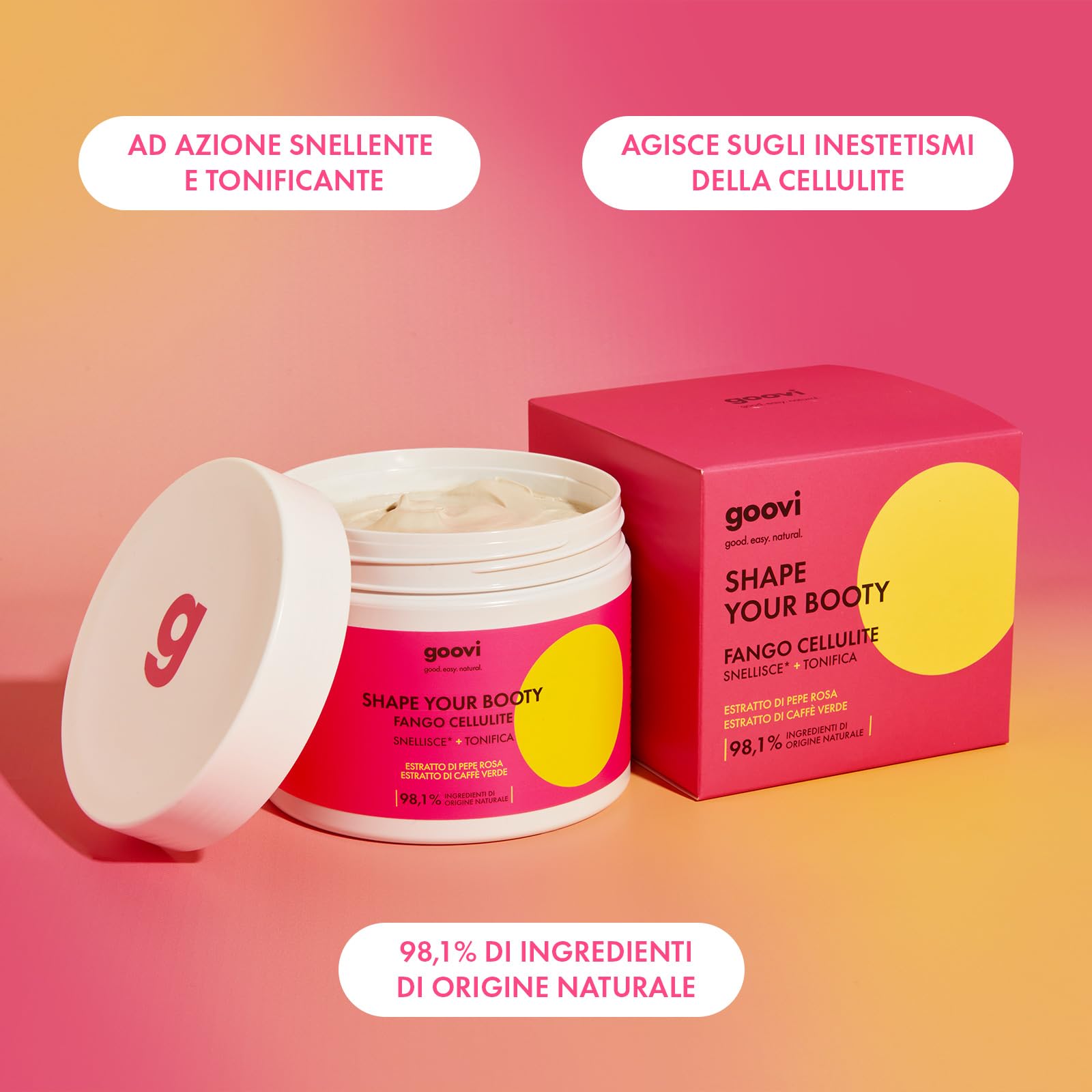 Goovi, Shape Your Booty, Fango Snellente e Tonificante con Estratto di Pepe Rosa, Senza Effetto Termico, Stimola la Microcircolazione Cutanea e Rimodella la Silhouette, 500ml