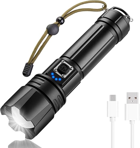 ustopfire Linterna LED recargable de alto lúmenes, 250000 lúmenes, linterna táctica súper brillante con 5 modos, IPX5 impermeable, luz de flash de