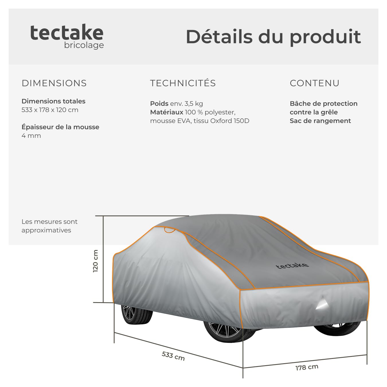tectake® Bâche de protection pour Voiture Extérieur Bâche imperméable, Respirant, Housse de voiture Anti-grêle, Bandes réfléchissantes, Anti-UV, Anti-poussière, Anti-moisissure pour Petite voiture SUV