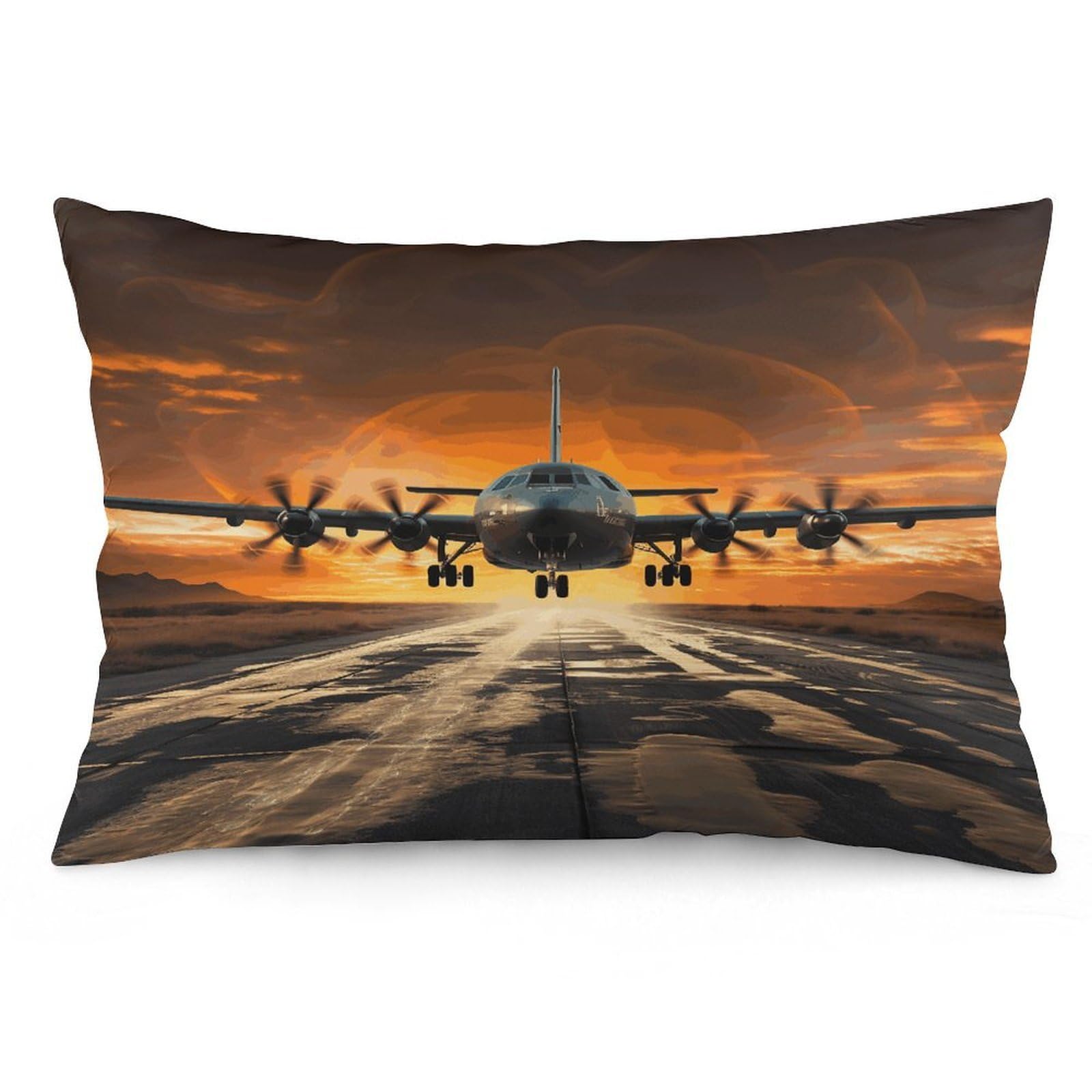 Military Plane Landing on Airforce Runways Against Beautiful Dusky Sky Throw Pillow Cover Soft Lumbar Pillow Covers with Zipper Breathable Rectangular Cushion Case Polyester Pillow Case Decorative Bod